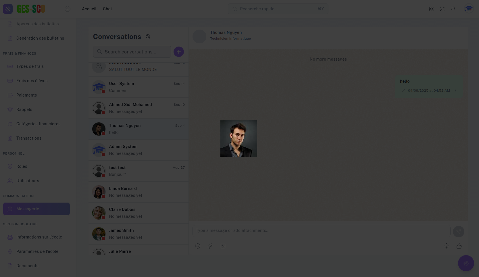 Visualisation profil utilisateur Ges-sco - Informations détaillées